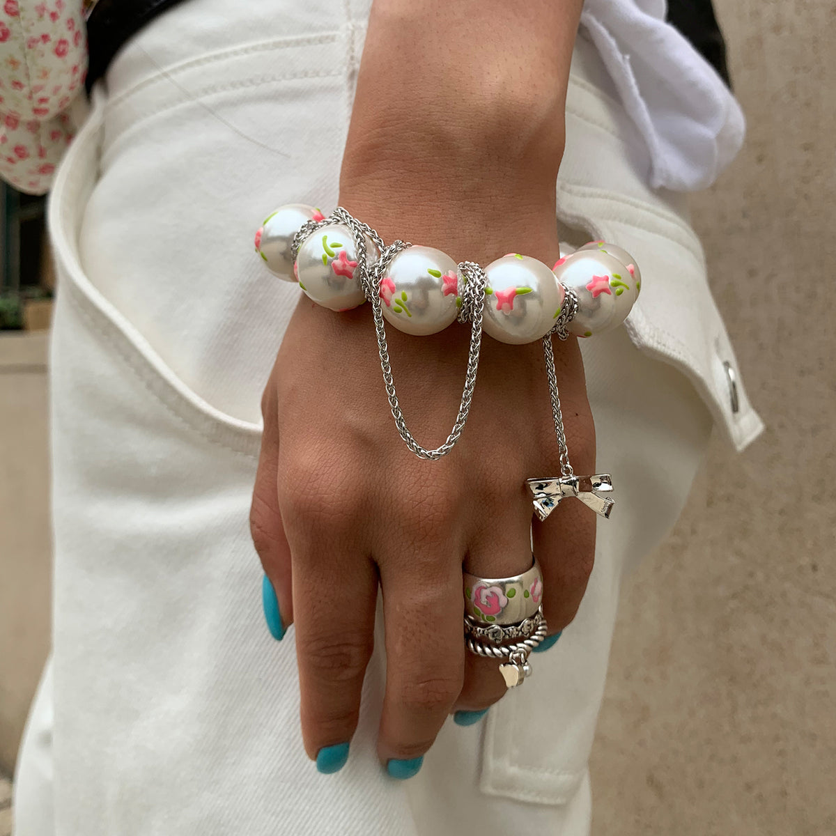 Rose Ditsy Floral & Pearl Double-chain Bracelet(1 Set, 1 Pieces)