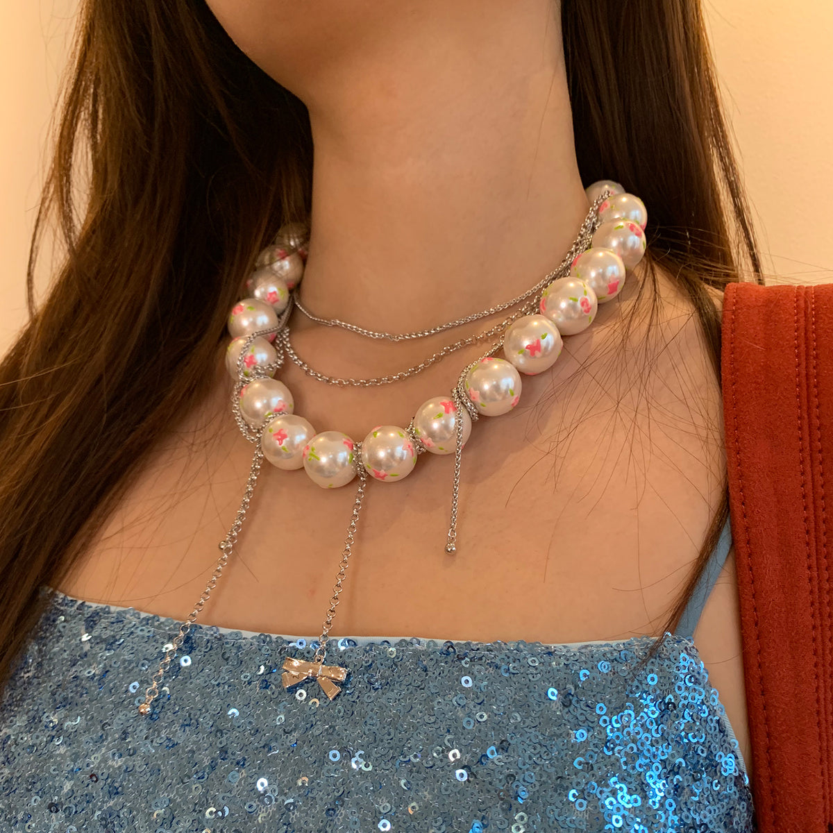 Rose Ditsy Floral & Pearl Multi-layer Necklace(1 Set, 1 Pieces)