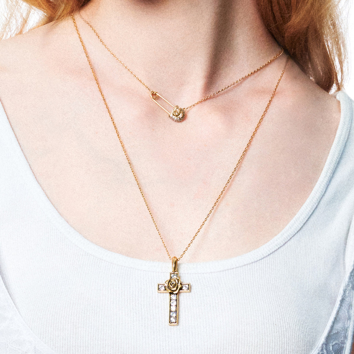 retro rose safety pin necklace