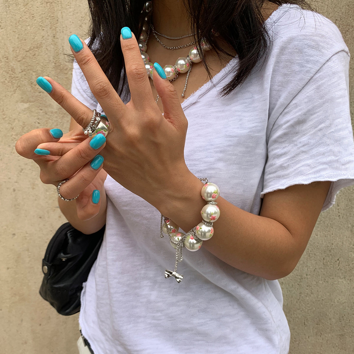 Rose Ditsy Floral & Pearl Double-chain Bracelet(1 Set, 1 Pieces)