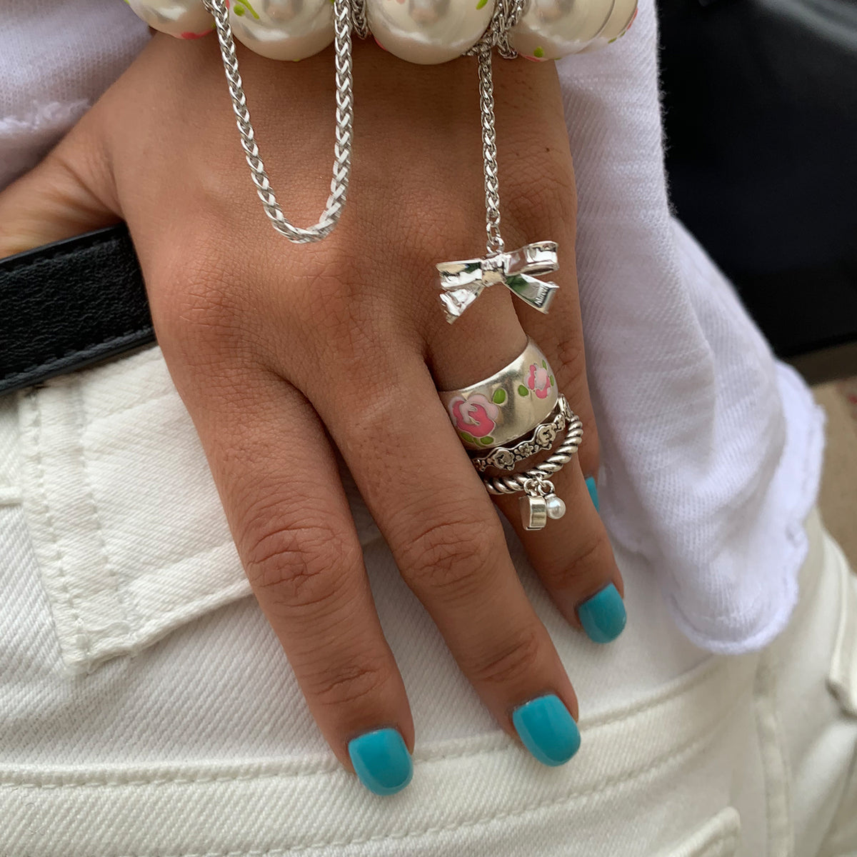 Rose Ditsy Floral & Pearl Stackable Ring(1 Set, 1 Pieces)