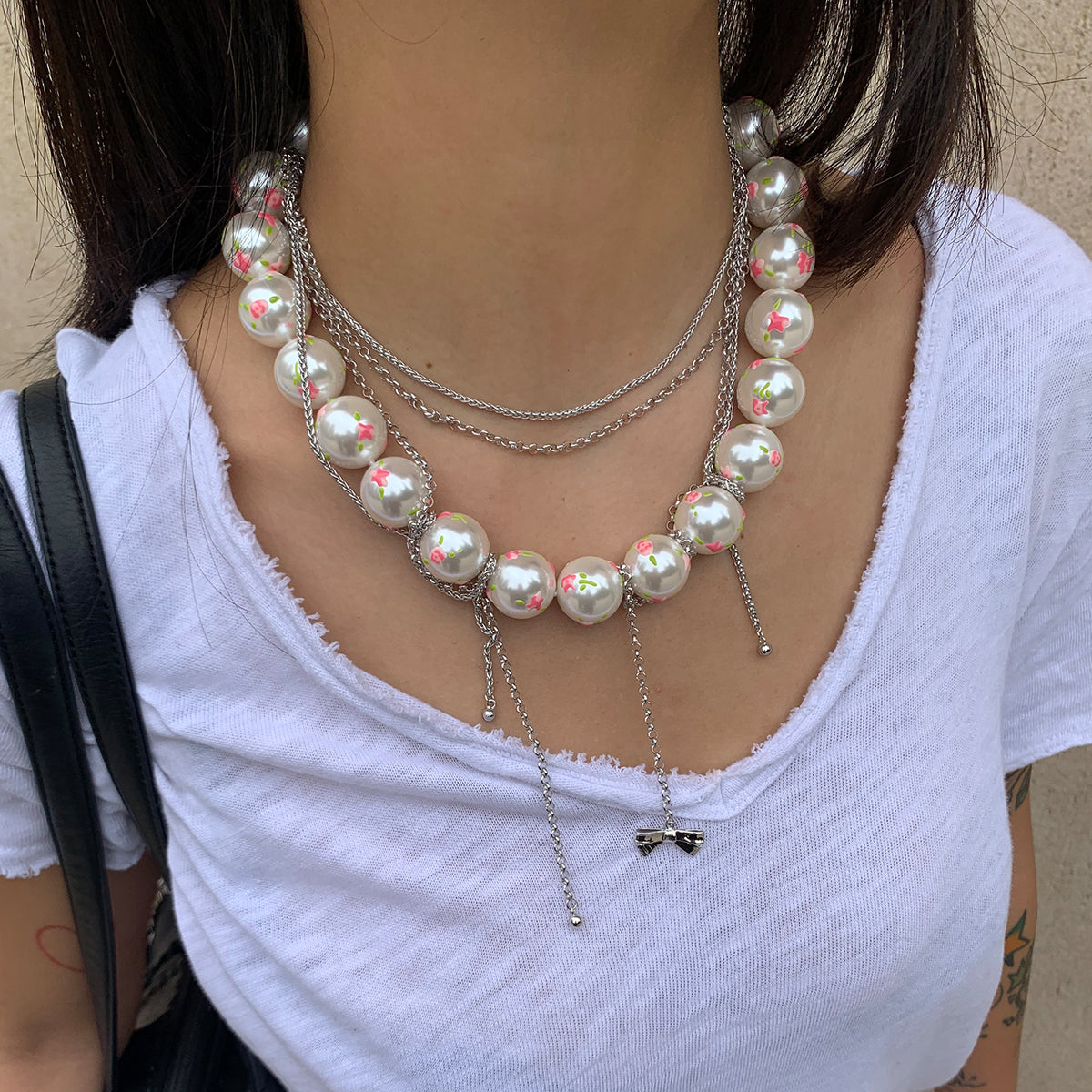 Rose Ditsy Floral & Pearl Multi-layer Necklace(1 Set, 1 Pieces)