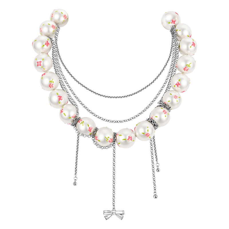 Rose Ditsy Floral & Pearl Multi-layer Necklace(1 Set, 1 Pieces)
