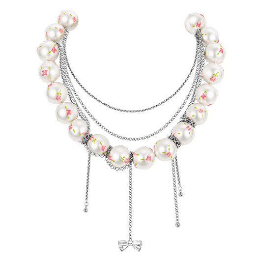 Rose Ditsy Floral & Pearl Multi-layer Necklace(1 Set, 1 Pieces)
