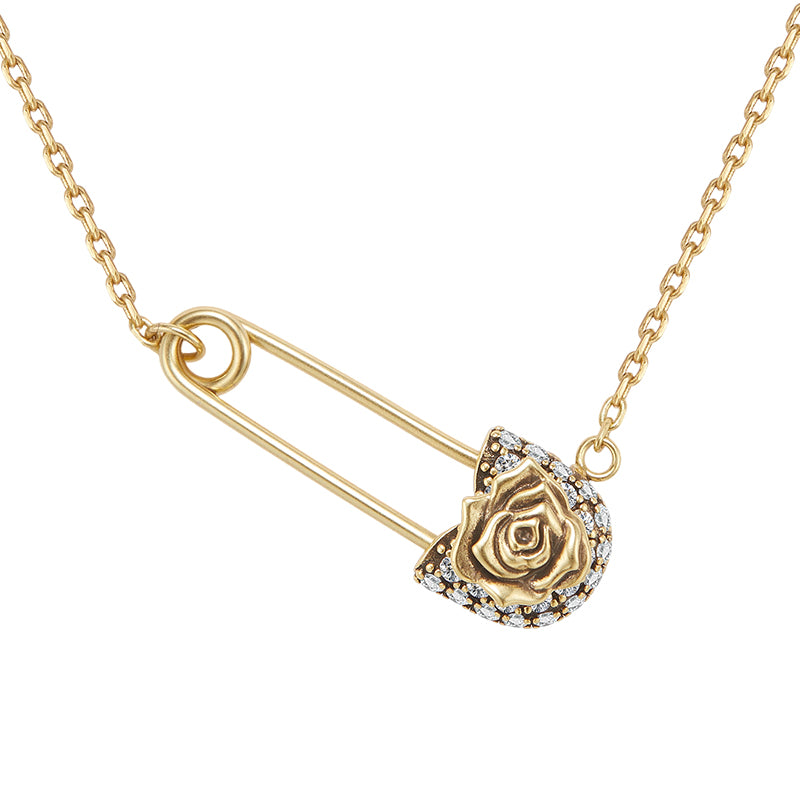 retro rose safety pin necklace