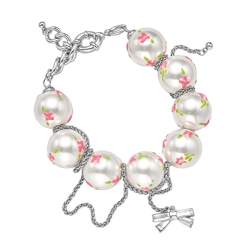 Rose Ditsy Floral & Pearl Double-chain Bracelet(1 Set, 1 Pieces)