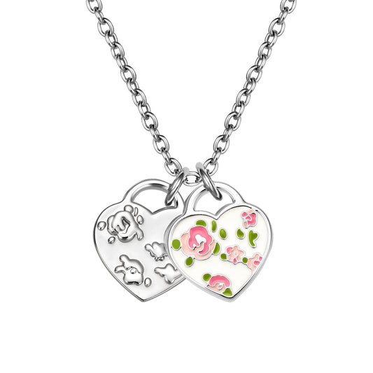 Mini Double Rose Ditsy Floral Heart Tag Necklace(1 Set, 1 Pieces)
