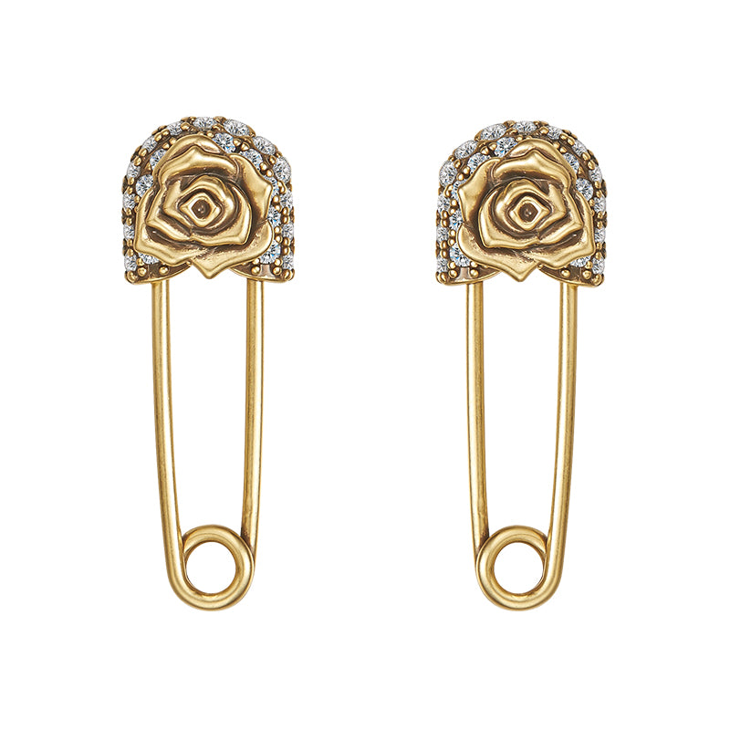 retro rose safety pin earrings