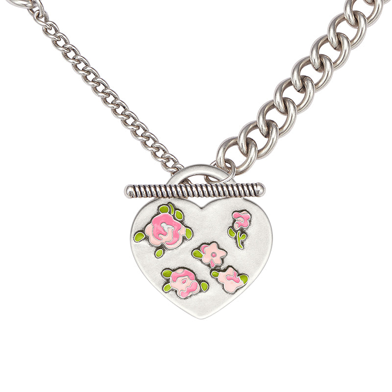Rose Ditsy Floral Heart Tag Necklace(1 Set, 1 Pieces)