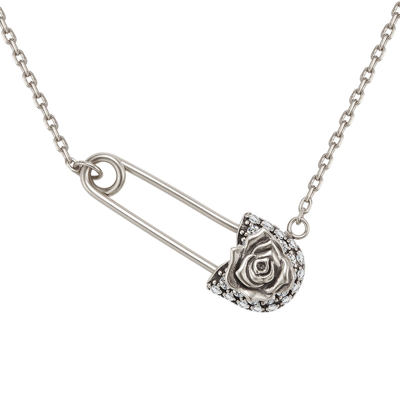 retro rose safety pin necklace