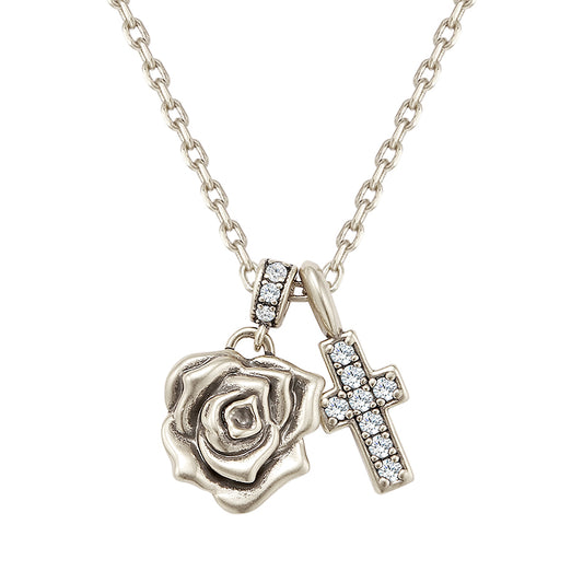 retro rose&mini cross necklace