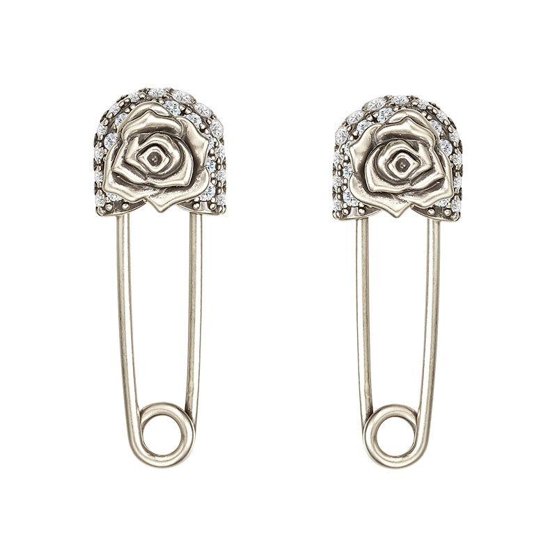 retro rose safety pin earrings
