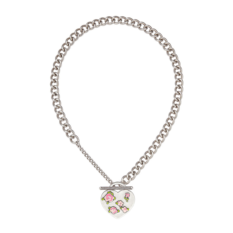 Rose Ditsy Floral Heart Tag Necklace(1 Set, 1 Pieces)