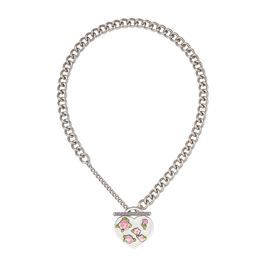 Rose Ditsy Floral Heart Tag Necklace(1 Set, 1 Pieces)